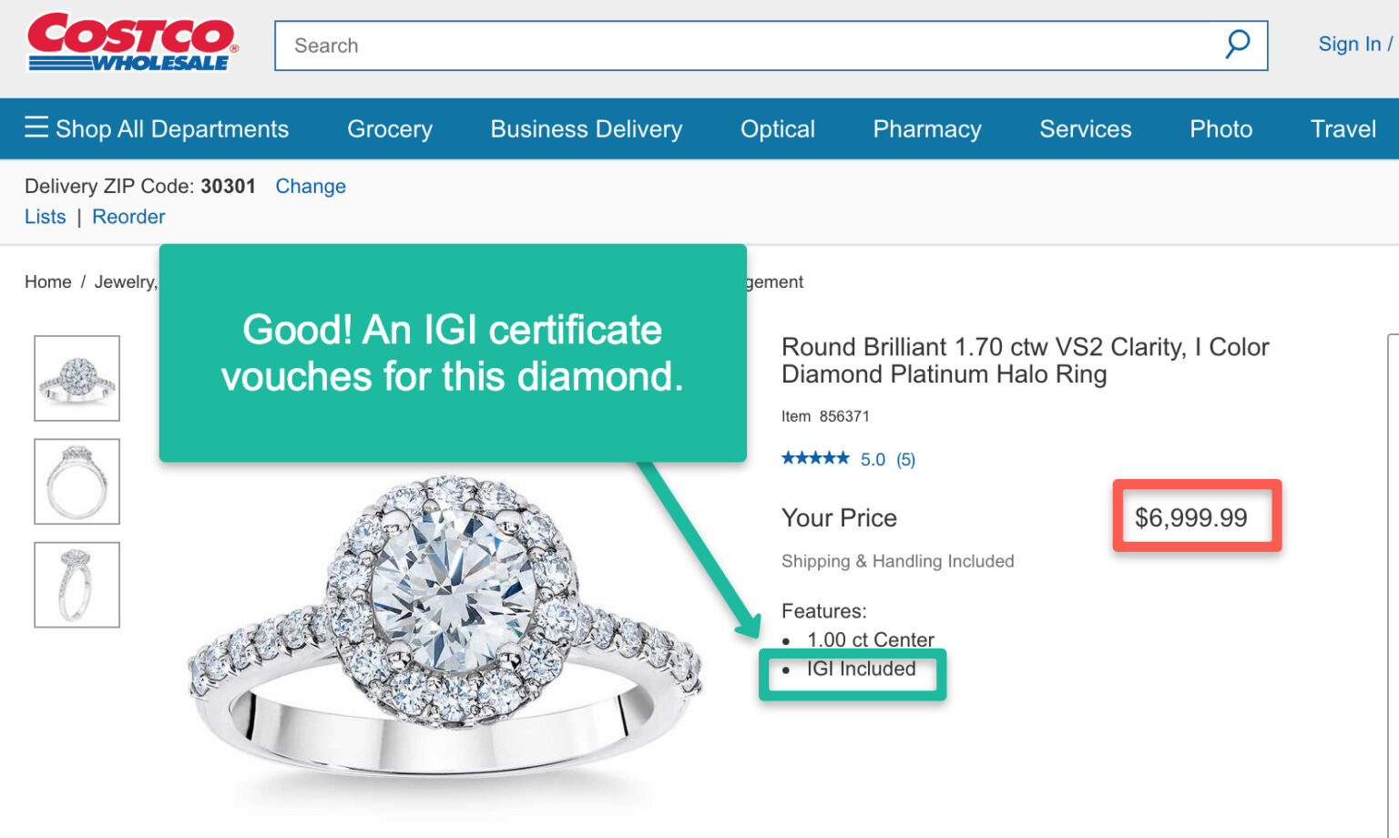 Is this 1.7 total carat weight halo diamond ring worth buying at Costco