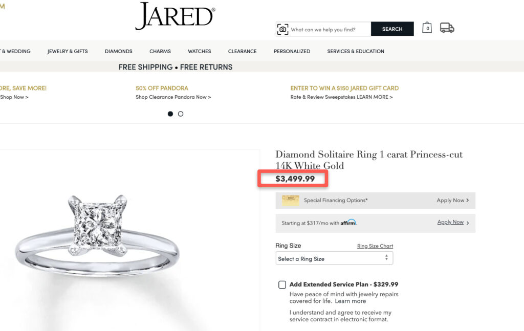 Is this Jared offer on a 1carat princess cut diamond engagement ring